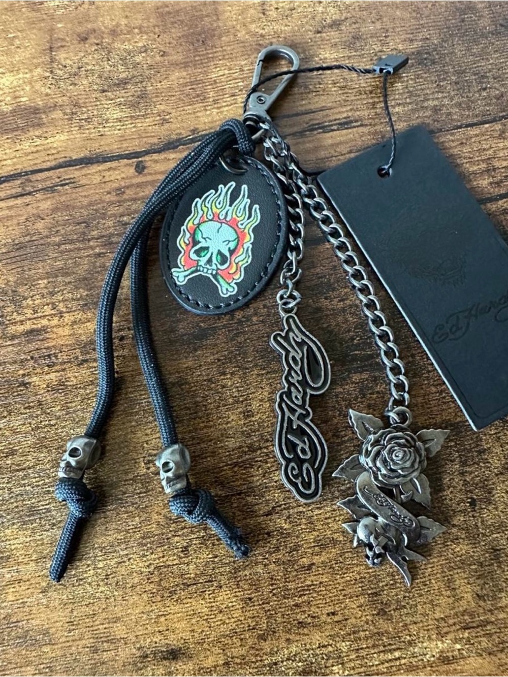 Ed Hardy Black Multi-Charm Bag Charm Keychain w/ Metal Logo & Rose NWT